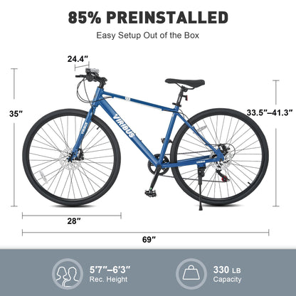 VIRIBUS Hybrid Bikes, 28 inch Road Bike for Tall Men, Lightweight Aluminum 700C City Bike Adults, 7 Speed Mens Commuter Bicycles, Hybrid Bicycle Men, Blue Large
