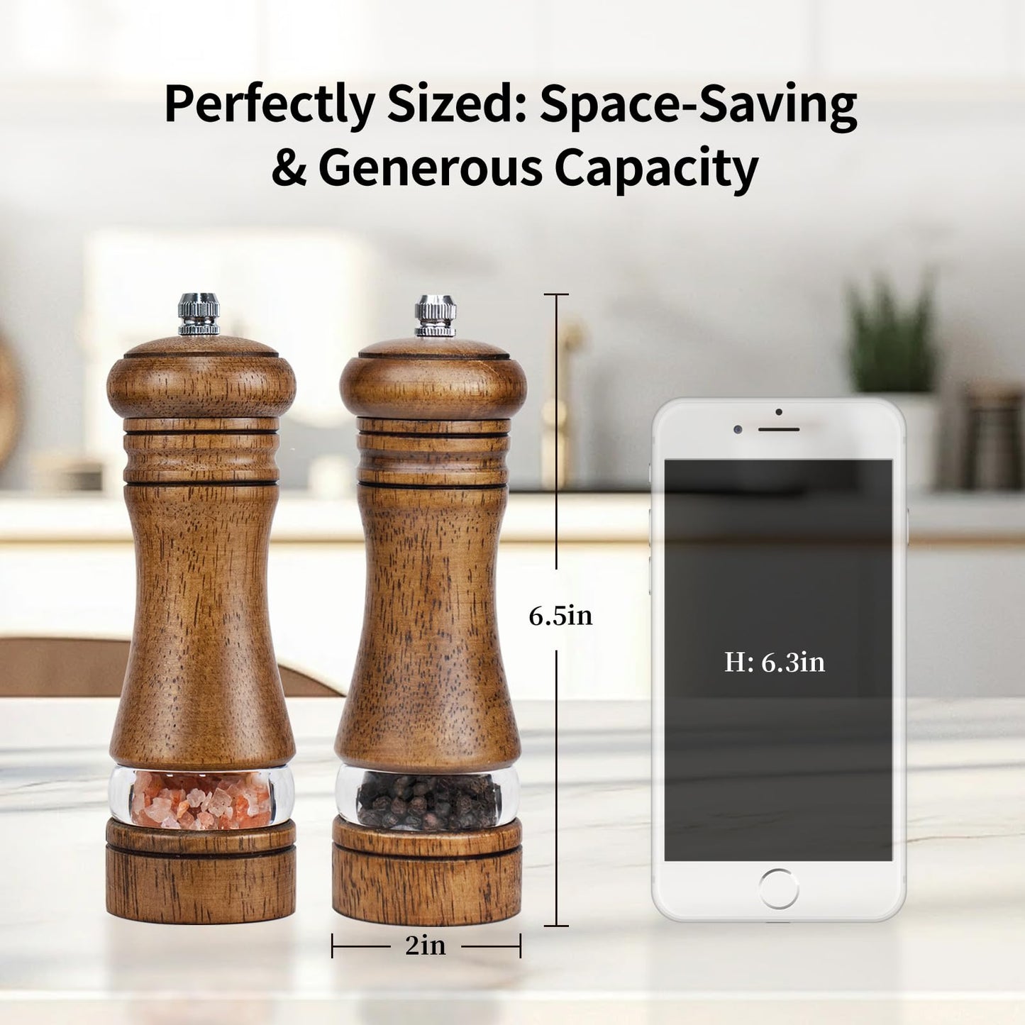 Haomacro Wood Salt and Pepper Grinder Mills Set, Classic Manual Pepper Grinder Salt Grinder Refillable Pepper Mill Sets with Acrylic Visible Window Adjustable Ceramic Grinding Rotor 6.5inch 2 Pack