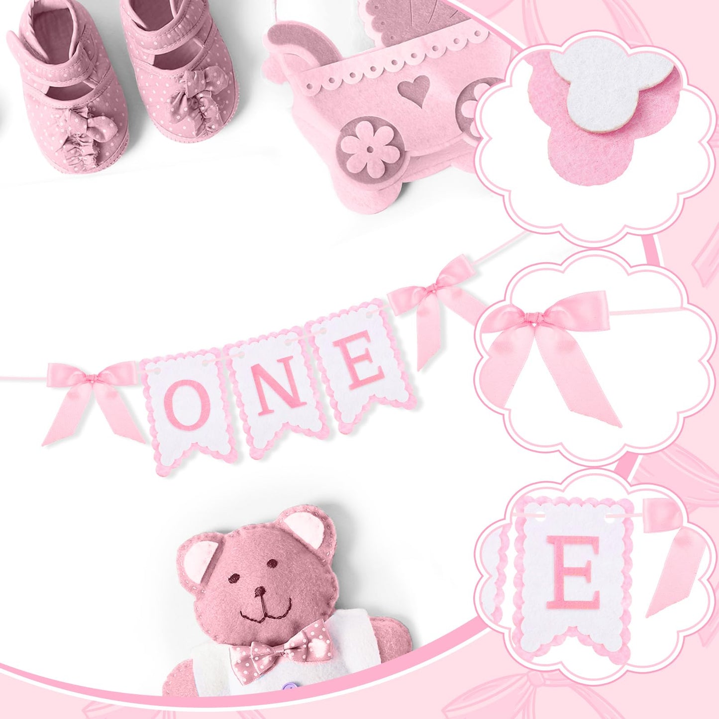 VitalCozy Pink One High Chair Banner for Girls Boys First Birthday High Chair Banner Sweet One Bow Floral Garland 1st Birthday Celebration Decorations (Classic)