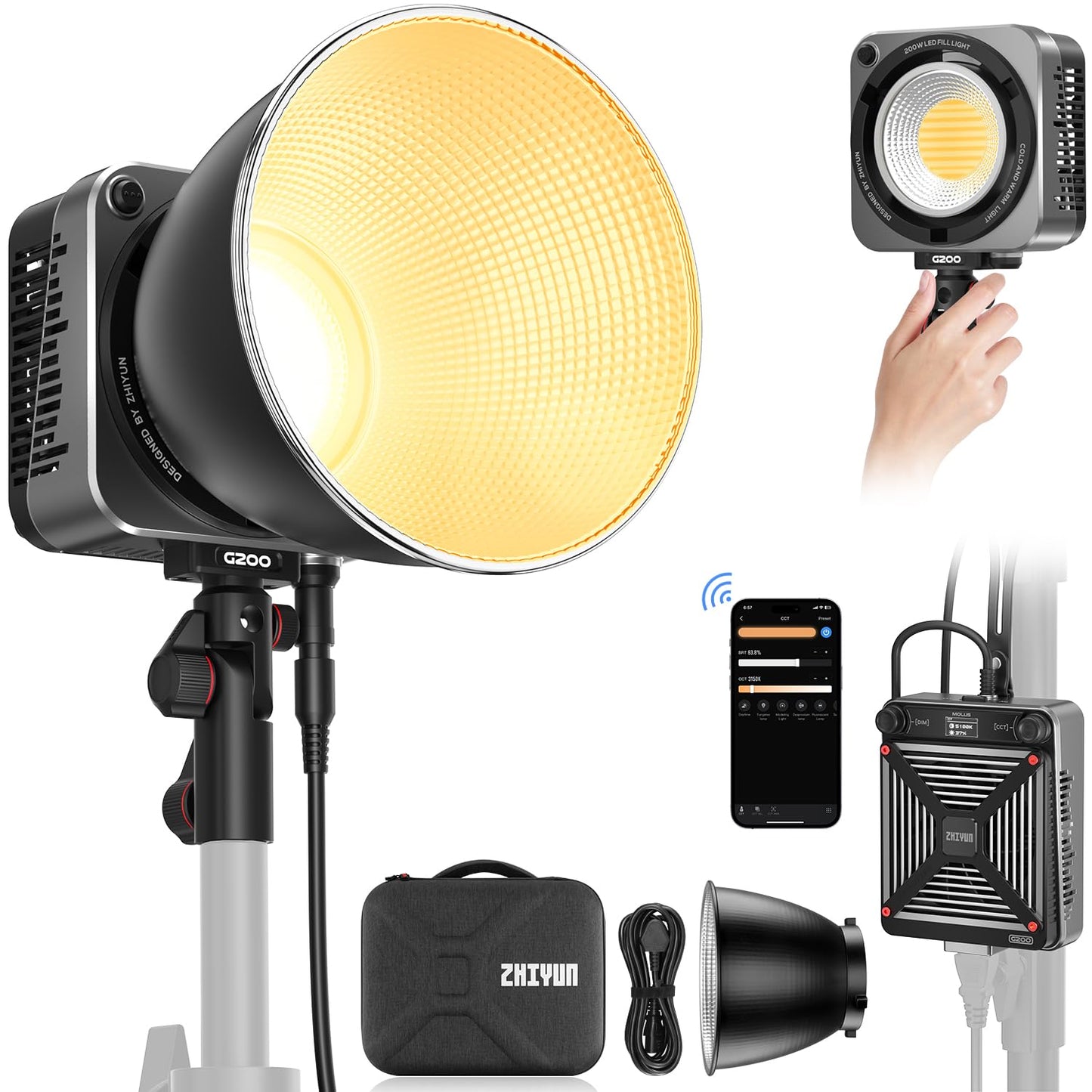 ZHIYUN Molus G200 [Official] 200W COB Video Light, Portable Continuous Output Lighting,2700-6500K 9460 lux@1m, LED Photography Lighting with Bowens Mount, APP Control, Ultra Quiet for Video Recording