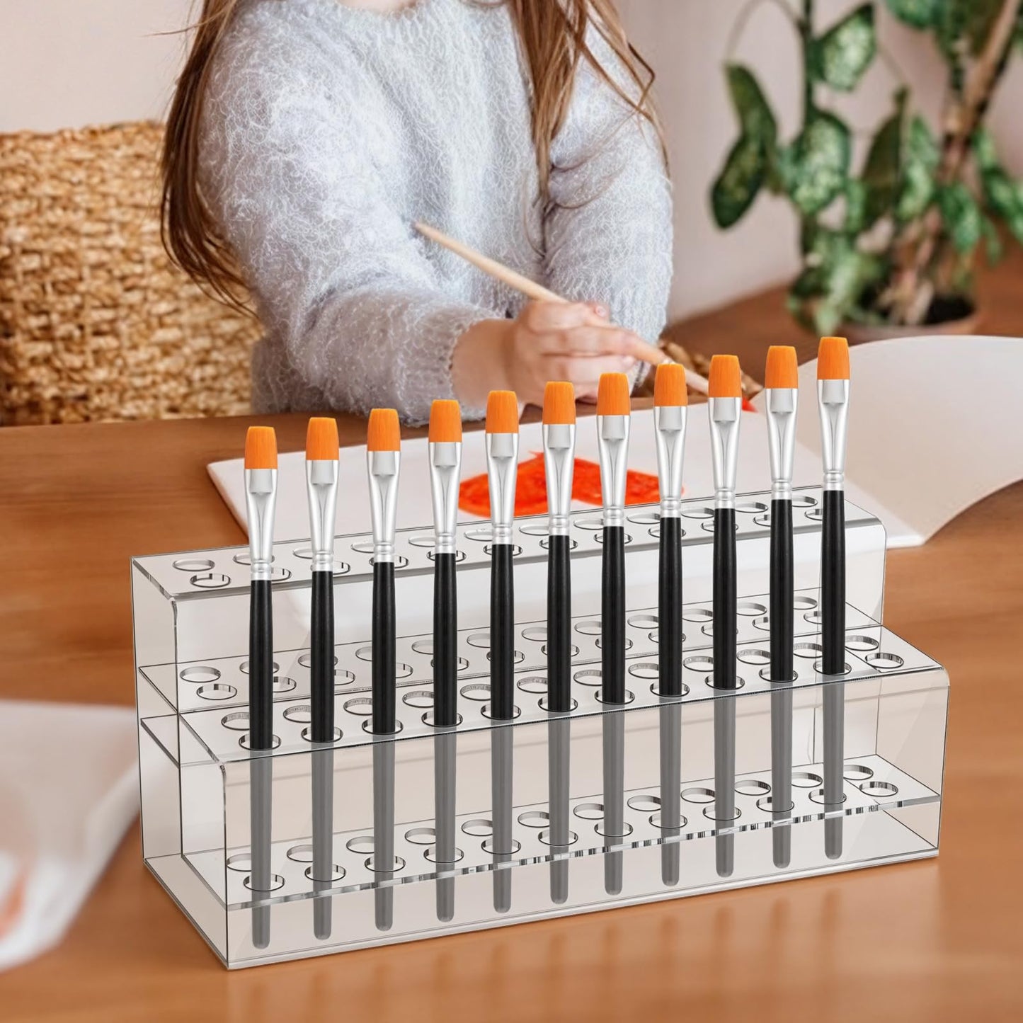 Kifmurase 48 Holes Pen Display Stand, Acrylic Pencil Holder for Craft Shows, Clear Makeup Brush Rack, Beaded Eyebrow Art Brush Organizer, Makeup Tool Organizer for School Office Home Retail Store
