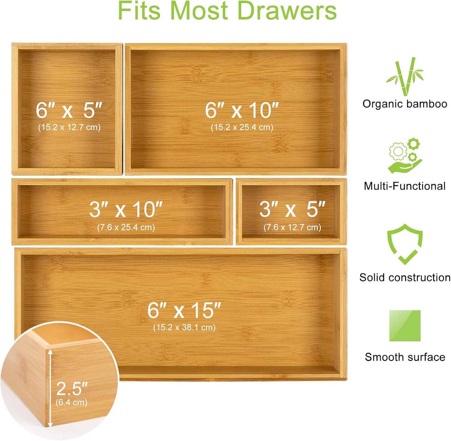 Secura Kitchen Drawer Utensil Organizer Box Set, 5 Pack Bamboo Holder for Cutlery, Makeup, Silverware, Jewelry