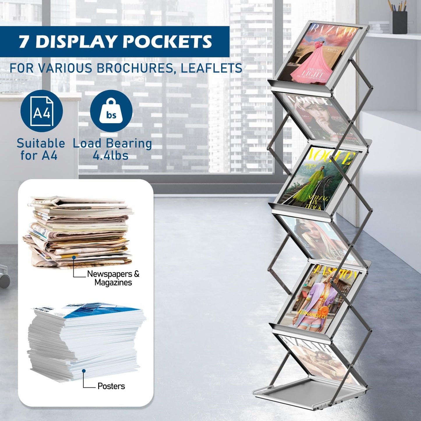 AceShow 6 Pockets Foldable Literature Rack - Aluminum Magazine Rack, Brochure Catalog Display Stand with Carrying Bag for Exhibition, Trade Show, Office, Retail Store, Home - Silver