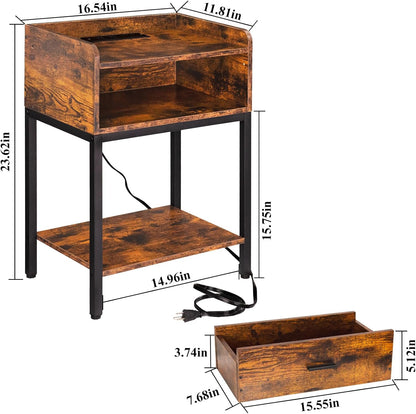 Lerliuo Nightstand with Charging Station, 3-Tier End Table with Storage Drawer, Modern Bedside Night Stand, Retro Brown