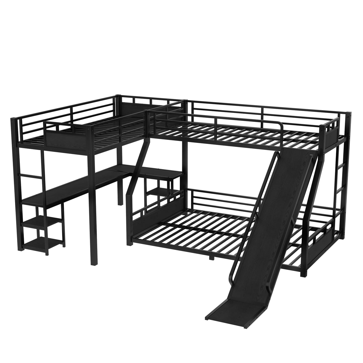 Metal Twin XL Over Queen Bunk Beds with Twin XL Loft Bed, Heavy Duty Triple Bunk Bed Frame with Slide and Desk,L-Shaped Triple Bunk Beds with Storage Shelves for 3 Kids,Black