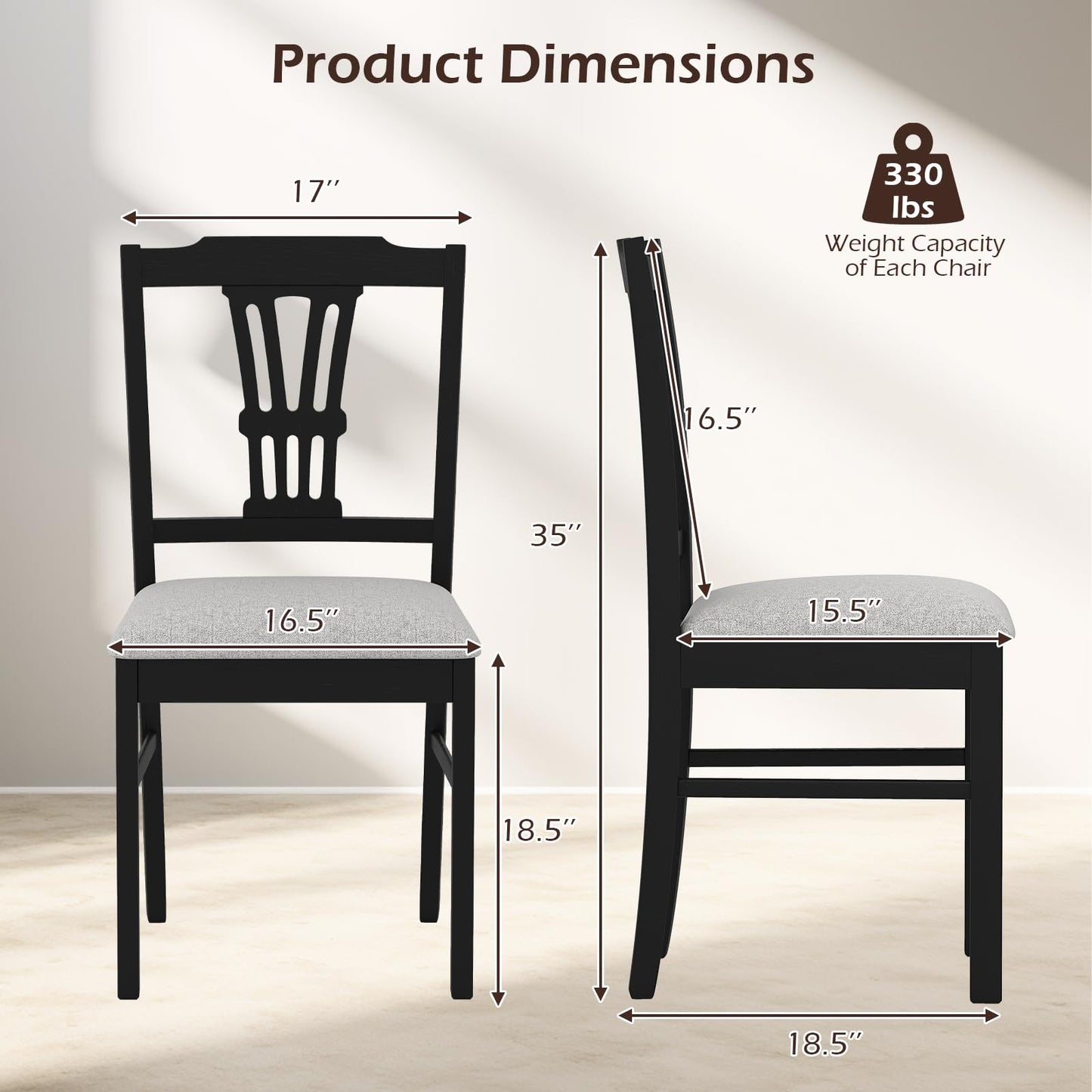 Giantex Wooden Dining Chairs Set of 4, Upholstered Kitchen Chairs with Solid Rubber Wood Frame, Hollowed Backrest & Soft Padded Seat, Armless Dining Chairs for Kitchen, Dining Room, Black & Gray