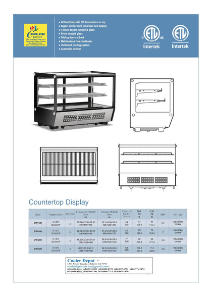 Bakery Display Cooler Countertop Refrigerated Case Desktop Vertical 28 ins Commercial Restaurant Pastry Deli Stainless Steel Base Curved Glass NSF Food Cooler CW120720