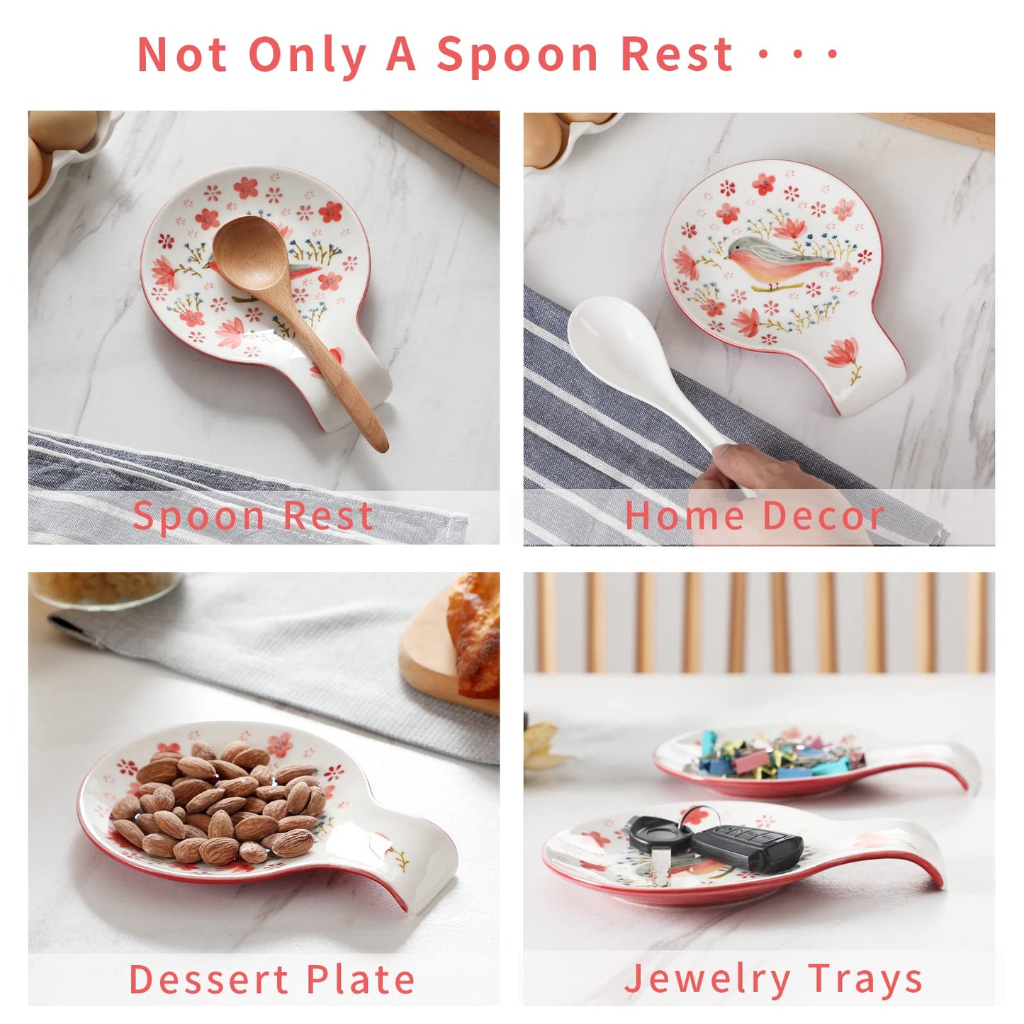 Magclay Hand Painted Spoon Rest, 5.5" Ceramic Spoon Holder for Stove Top and Kitchen Counter, Red Spring Bird Utensil Rest, Great Cooking Gifts for Bird Lover/Friend, Modern Kitchen Decorative