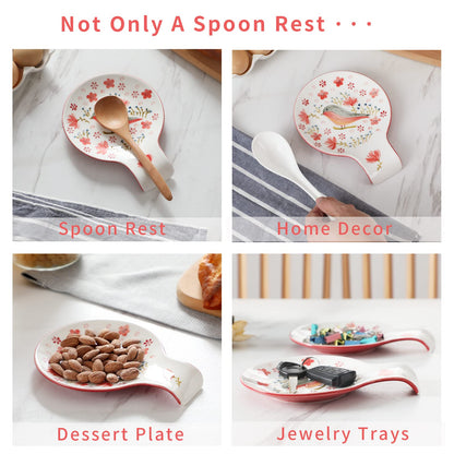 Magclay Hand Painted Spoon Rest, 5.5" Ceramic Spoon Holder for Stove Top and Kitchen Counter, Red Spring Bird Utensil Rest, Great Cooking Gifts for Bird Lover/Friend, Modern Kitchen Decorative