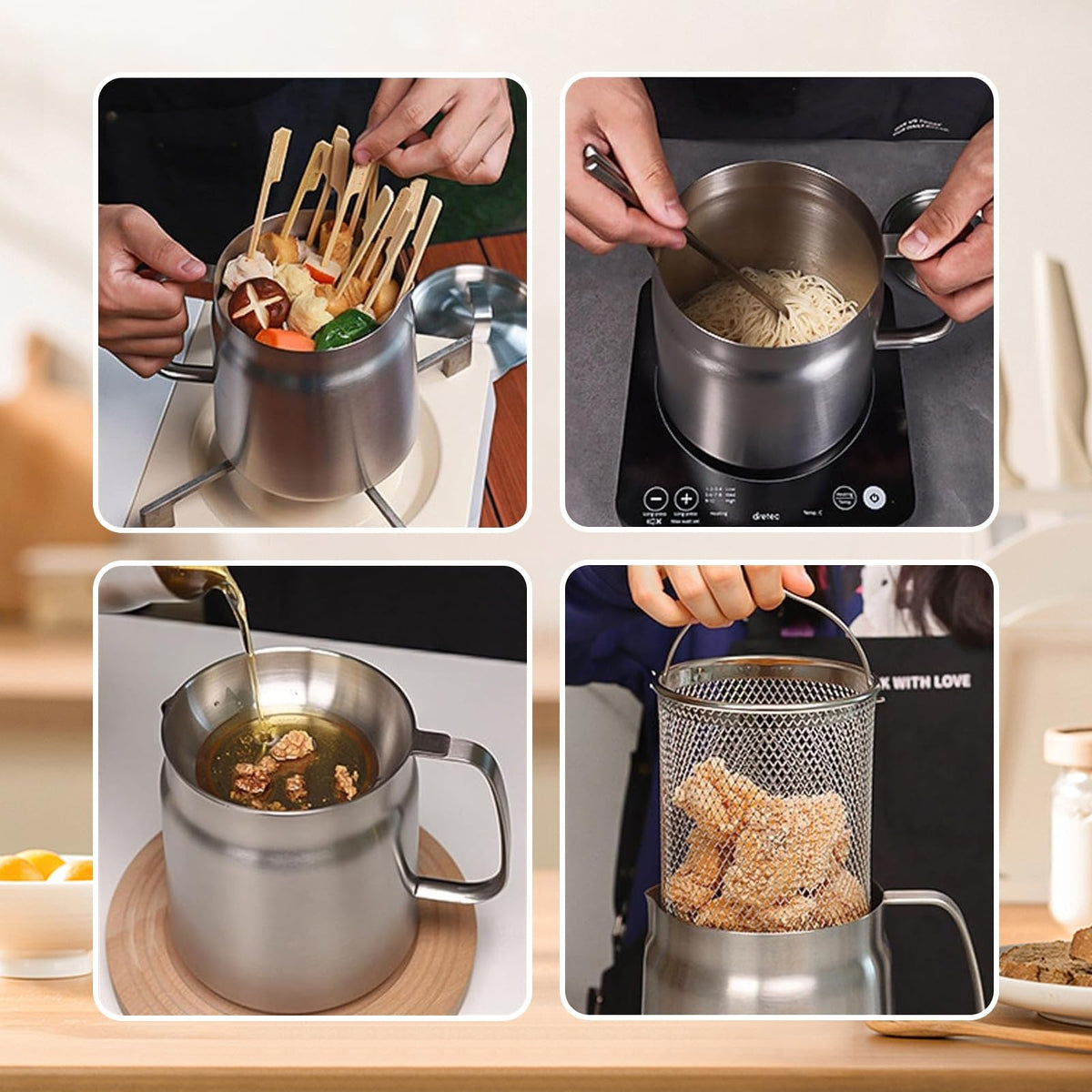 68oz 304 Stainless Steel Deep Fryer Pot with Basket & Strainer, Large Capacity Bacon Grease Container for Kitchen,Frying, Cooking, Camping,Oil Filter Container - Dishwasher Safe (68oz/2L/2.1Qt)