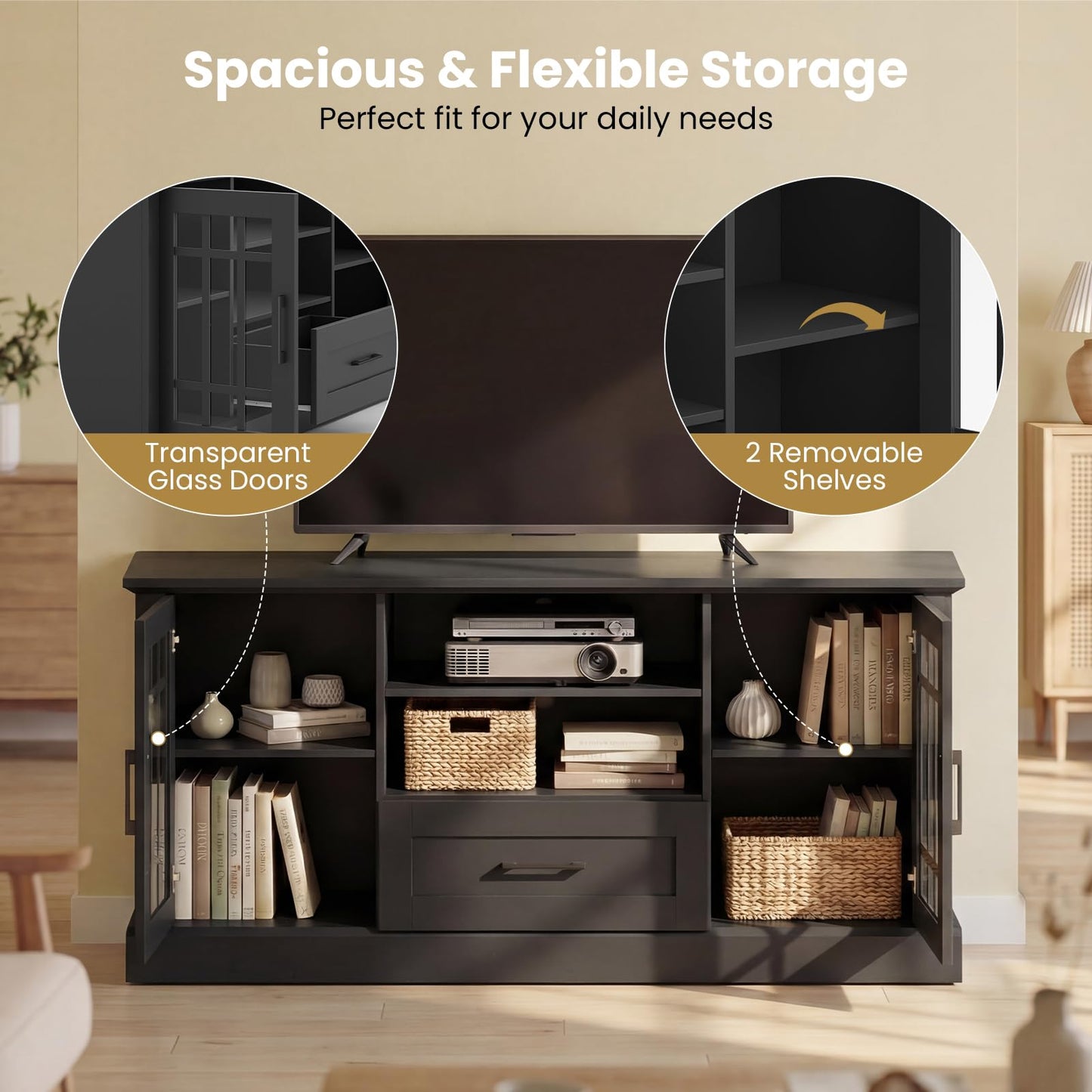 Giantex Farmhouse TV Stand for 65/70 Inch TV, Tall Entertainment Center with Storage Cabinets, Glass Doors, Drawer, Removable Shelves, Media TV Console Table for Living Room, Bedroom (Black)