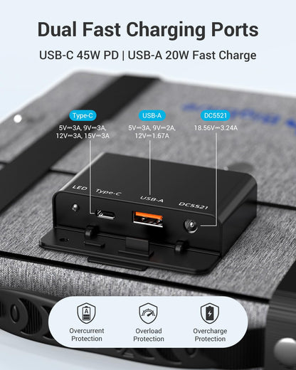 BigBlue 60W Portable Solar Panels with PD 45W USB-C, 20W USB-A, DC Port for Power Station, Phone, Power Bank, Tablet, IP68 Waterproof Foldable Solar Charger with Kickstand for Camping, RV, Emergency