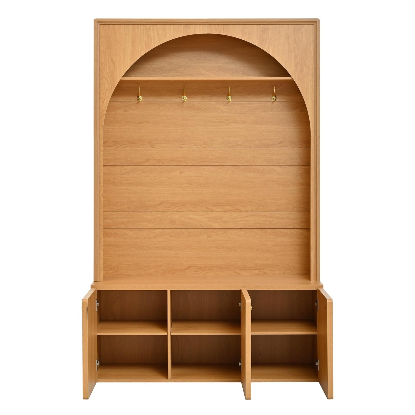 Ball & Cast Farmhouse Hall Tree with Storage Bench, 48.7" Arched Entryway Coat Rack Organizer with 4 Metal Hooks, 3 Cabinets, Adjustable Shelves, Wooden Mudroom Bench for Hallway, Natural