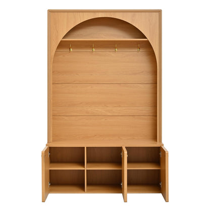 Ball & Cast Farmhouse Hall Tree with Storage Bench, 48.7" Arched Entryway Coat Rack Organizer with 4 Metal Hooks, 3 Cabinets, Adjustable Shelves, Wooden Mudroom Bench for Hallway, Natural