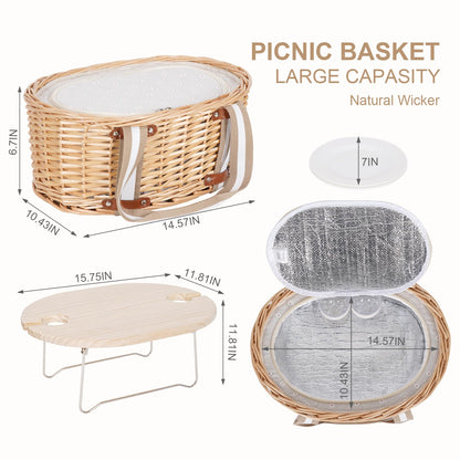 Zettfuly Picnic Basket Set for 2 - Wicker Insulated Picnic Basket with Waterproof Blanket, Folding Wine Picnic Table & Cutlery Kits, Picnic Baskets Kit for Camping, Outdoor, Valentine (White Flower)