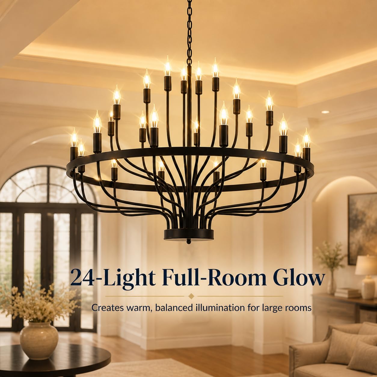 Shandaglo Large Black Chandelier 24-Light, Round 3-Tier Wagon Wheel Fixture, 39 in Farmhouse Candle Pendant with E12 Base for Dining Room, Foyer, Living Room, Hallway, High Ceiling