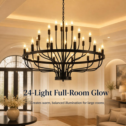 Shandaglo Large Black Chandelier 24-Light, Round 3-Tier Wagon Wheel Fixture, 39 in Farmhouse Candle Pendant with E12 Base for Dining Room, Foyer, Living Room, Hallway, High Ceiling