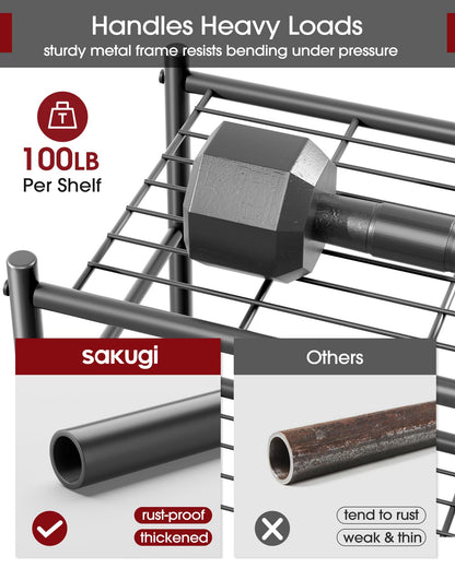 Sakugi Storage Shelves - 5-Tier Large Capacity Shelf Organizer with Hooks, Heavy-Duty Garage Shelving with Leveling Feet, Wobble-Free Rack for Bedroom, Balcony, Garage, 18.1"×12.4"×56.8", Black