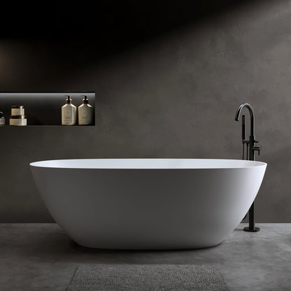GDFStudio 69" Solid Surface Freestanding Bathtub, Matte White Stone Resin Soaking Tub with Overflow and Pop-Up Drain, Thick Edge Oval Stand Alone Deep Soaker Tub for Modern Bathroom Spa Relaxation