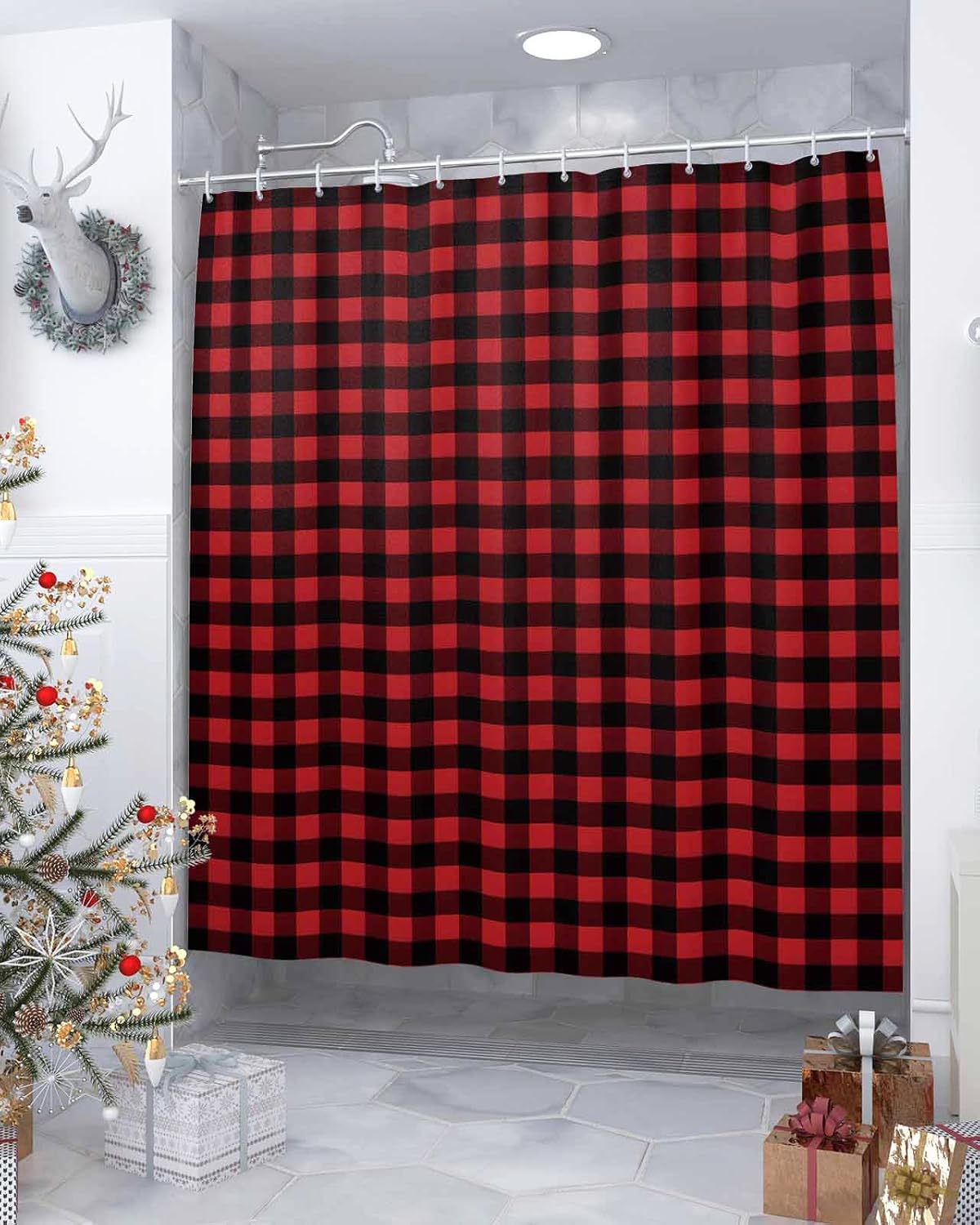 Vandarllin Fabric Shower Curtain, 48X72 Inch, Waterproof Washable Rustic Red Black Buffalo Check