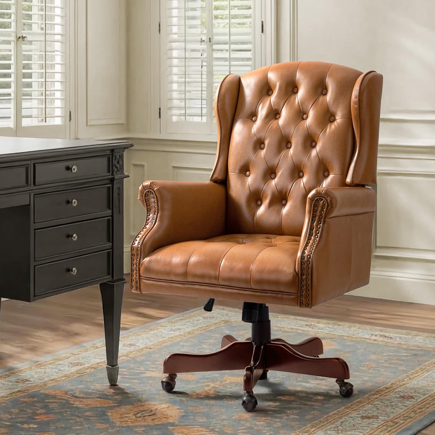 HULALA HOME Tufted PU Leather Office Chair with Wingback and Nailhead Trim, Adjustable Swivel Desk Chair with Rolled Armrests and Casters, Vintage Style(Camel)