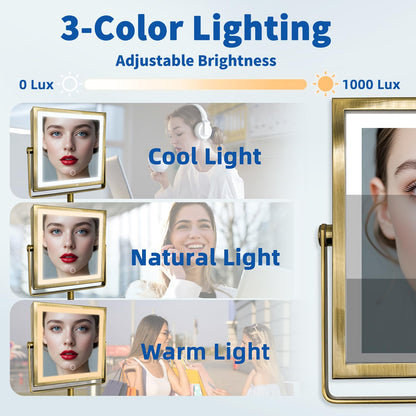 Ruacq Rechargeable Wall Mounted Makeup Mirror with Lights, Double Sided 1X/10X Magnifying Vanity Mirror with 3 Color Lighting, Touch Screen Dimmable, 360° Rotation Extension Foldable Arm(Matte Black)