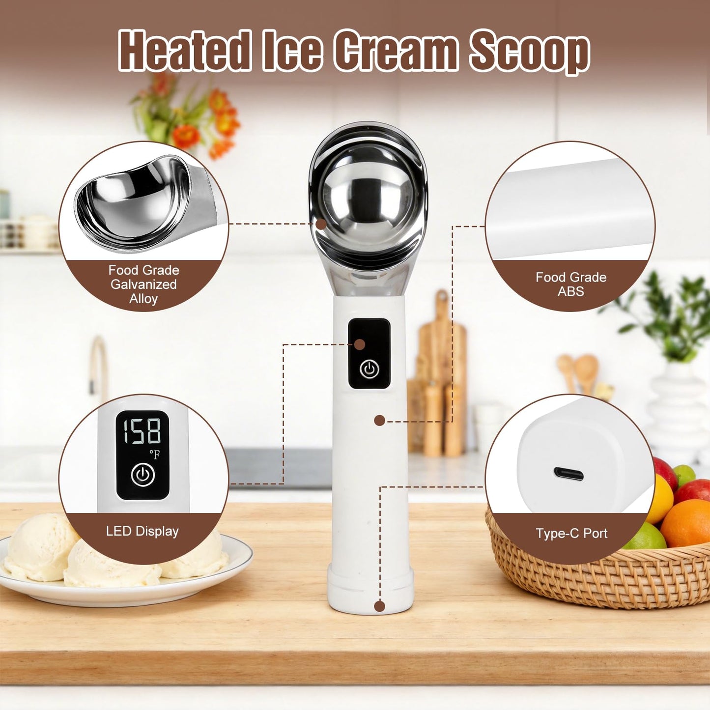 ODOMU Heated Ice Cream Scoop, Rechargeable Electric Ice Cream Scooper with 5000mAh Battery & Digital LED Display, Heat Up to 158°F for Scooping Hard Ice Cream, Frozen Yogurt