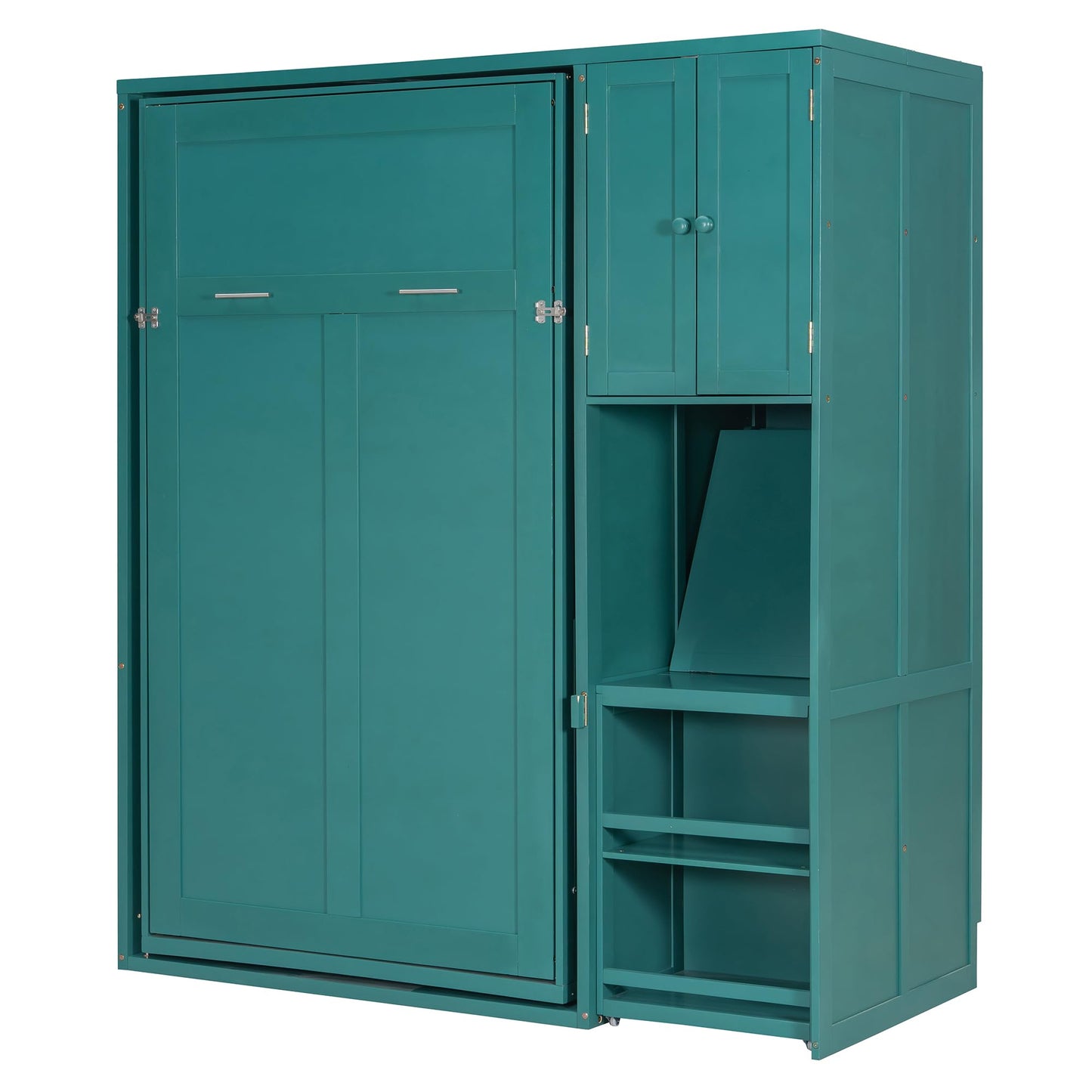 Merax Twin Size Rotating Wall Murphy Beds, Wood Folding Murphy Wall Bed with Bookshelf, Top Cabinet, Extendable Desk & Side Storage, Teal