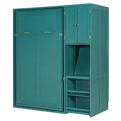 Merax Twin Size Rotating Wall Murphy Beds, Wood Folding Murphy Wall Bed with Bookshelf, Top Cabinet, Extendable Desk & Side Storage, Teal