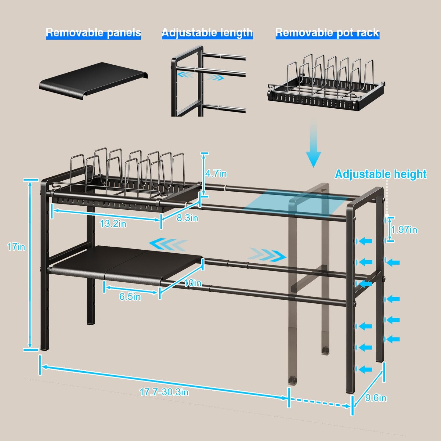 Mustorn Pots and Pans Organizer Under Cabinet, Expandable 2 Tier Under Sink Organizers and Storage Adjustable Height Kitchen Pot and Pan Lid Holder Rack with 12 Dividers Under Cabinet Shelf(Black)