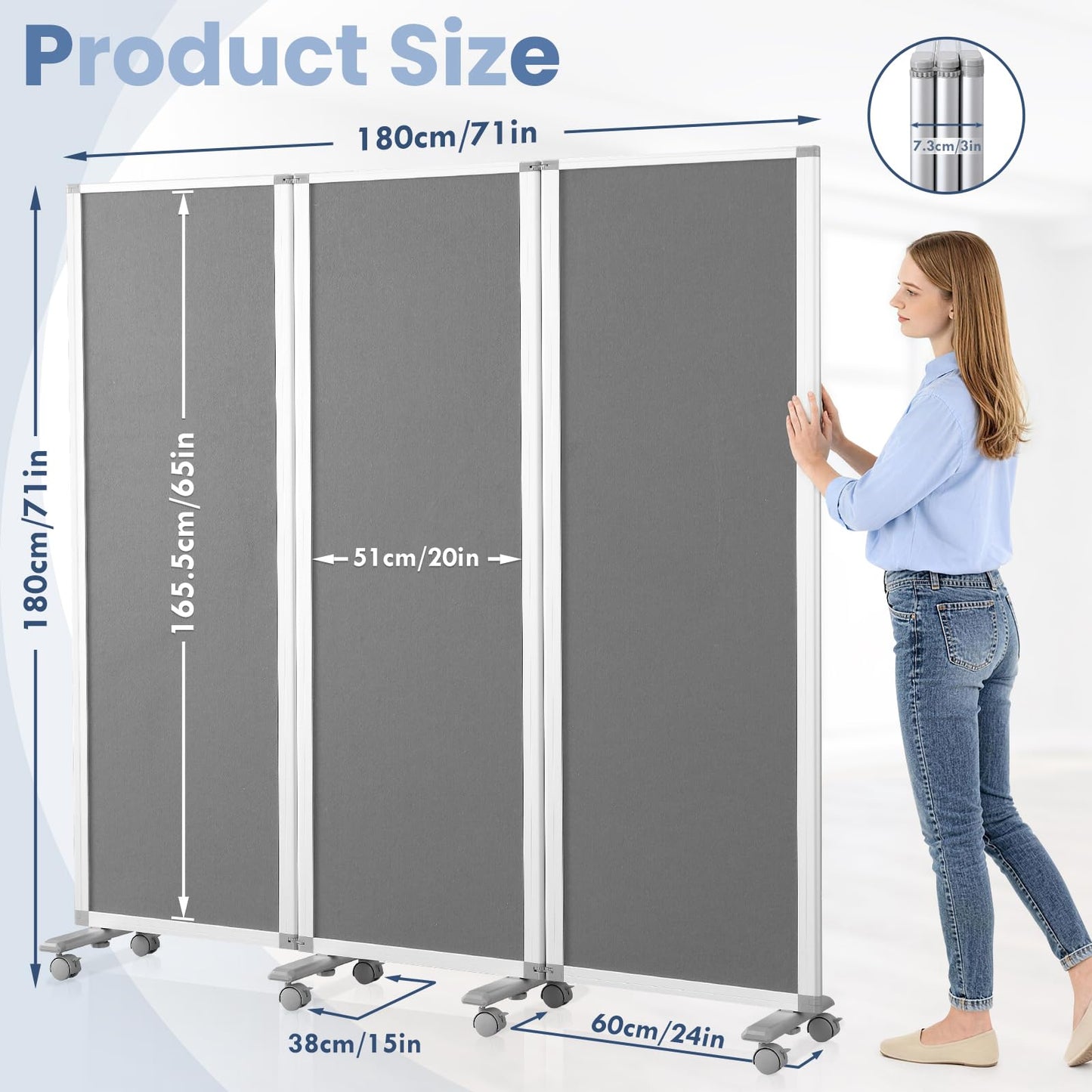MAKELLO Portable Office Partitions 71" H x 71" W, Freestanding Office Dividers Partition Wall for Room, 3-Panel Trifold Privacy Panel, Aluminum Frame, Gray Felt