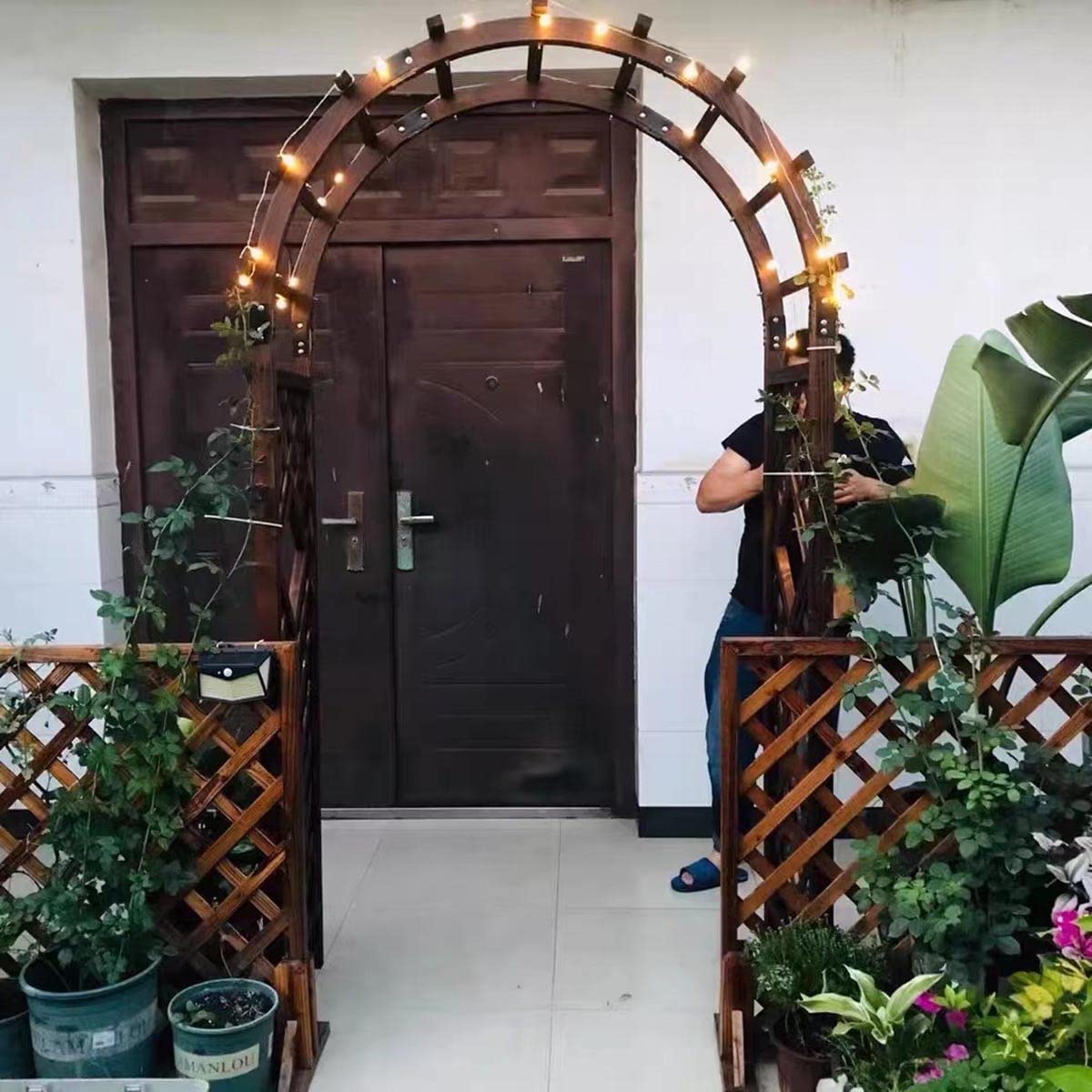 KUYBTU Sturdy Garden Arch Trellis Wooden Rose Arbor Arbour 47" X 82.6" /63" X 93" /81.8" X 102.7" Pergola Archway for Various Climbing Plant Backyard Decoration Weather Resistan-Natural-140x50x227cm