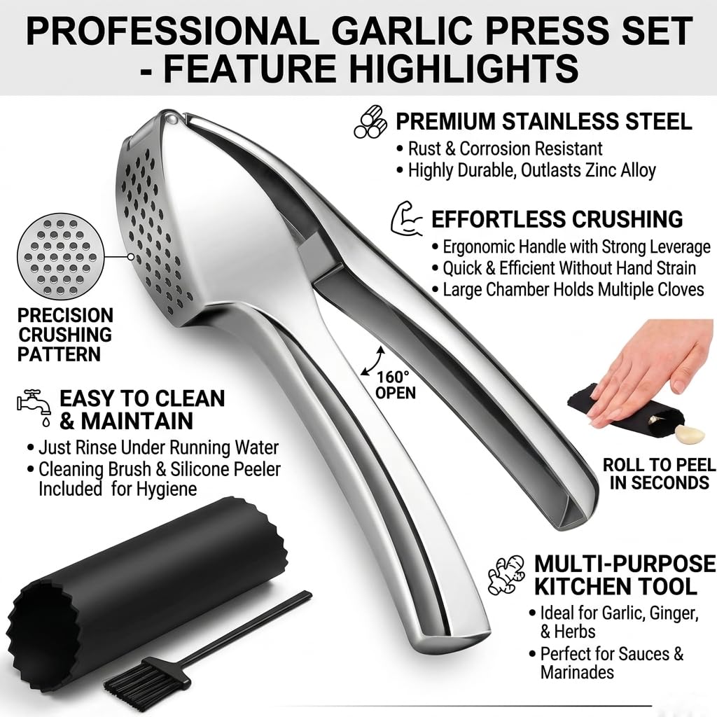 TAHINO Stainless Steel Garlic Press – Heavy Duty Manual Garlic Crusher & Mincer, Ergonomic Handheld Garlic Press Tool for Kitchen, Easy Squeeze & Durable Garlic Crusher