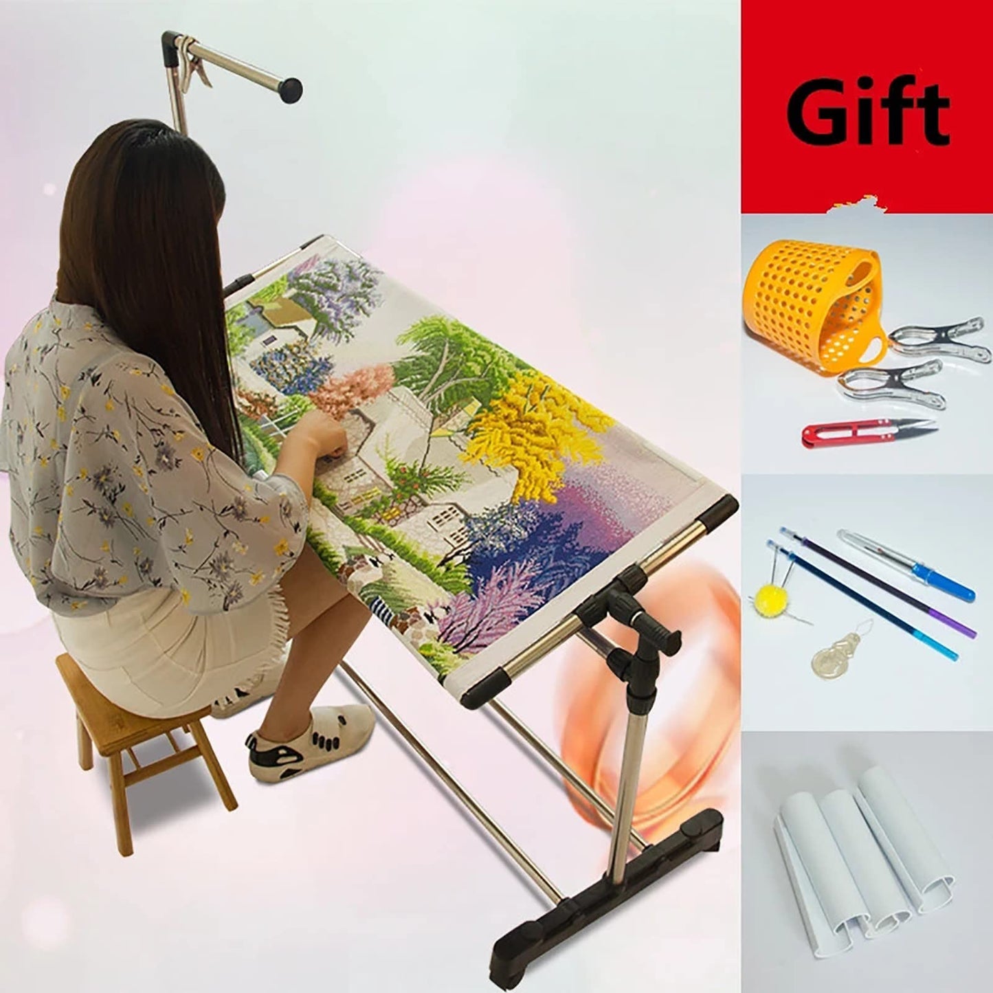 Embroidery Stand with Wheels, Needlework Floor Frame, Height Adjustable Standing Embroidery Lap Table, Stainless Steel Cross Stitch Craft Stand for Art Craft Sewing Holder