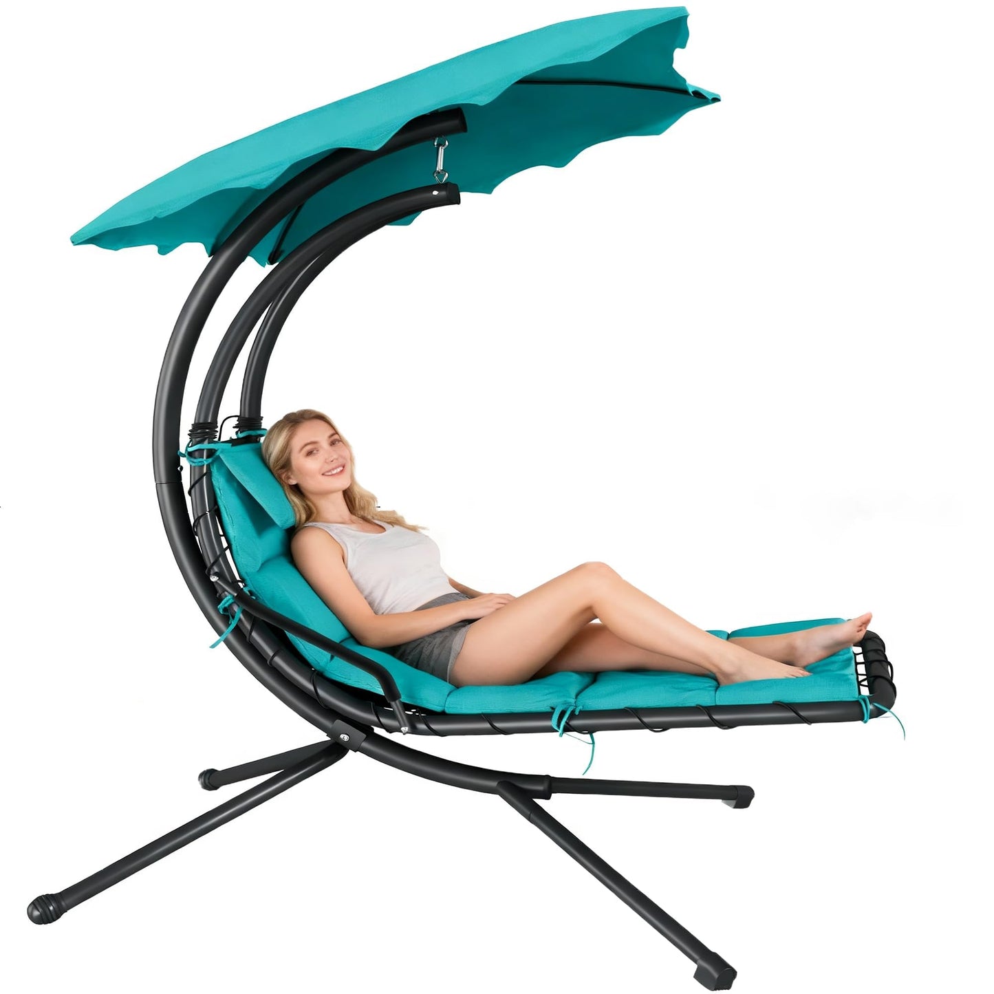 GarveeLife Chaise Lounger Swing Chair with Umbrella Canopy, Patio Hanging Chaise Lounger Chair with Stand, Curved Steel Outdoor Lounge Chairs for Indoor Patio Pool Garden Backyard Porch