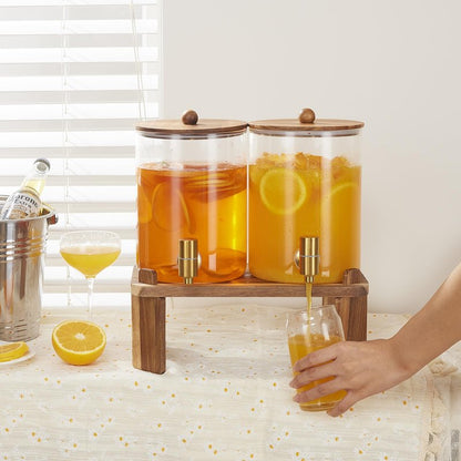 2 PCS 1 Gallon Drink dispenser, Glass Beverage Dispenser With Wood Stand, Large Water Drink Dispensers for Parties With Stainless Steel Spigot, Ideal for Lemonade,Juice, Tea, and Party Drinks