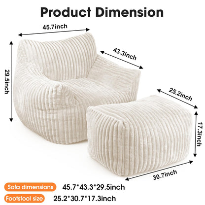 HarborHue Giant Bean Bag Chair with Ottoman, Oversized Memory Foam Bean Bag Sofa for Adults and Kids, Large Comfy Fluffy Single Lounges Mini Couch for Living Room, Bedroom & Dorm(Beige)