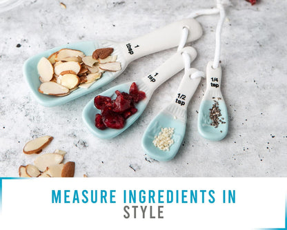 Ceramic Mason Jar Measuring Spoons, Aqua Blue, 4 Rustic Tablespoons for Farmhouse Kitchen Decor