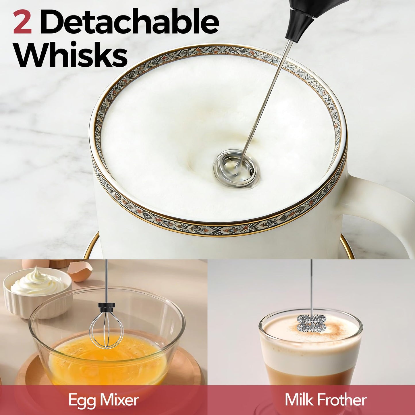 YARRAMATE Rechargeable Milk Frother Wand Handheld, 3 Speed Adjustable Electric Drink Mixer with 2 Whisks, Stainless Steel Stirrer for Coffee, Lattes, Protein Shakes, Matcha, Egg