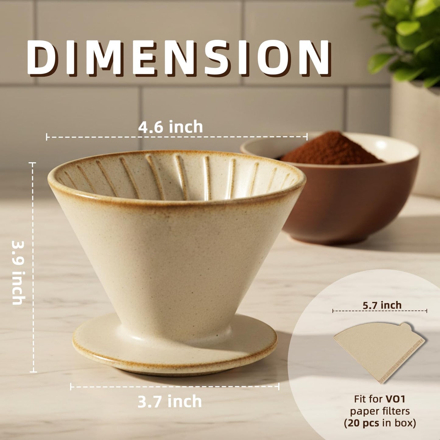 DIF DECO Ceramic Pour Over Coffee Dripper, Reusable Porcelain Portable Pour Over Coffee Maker, Slow Brewing Accessories with 1 Holes for Home, Office, Travel, Camping (Brown)
