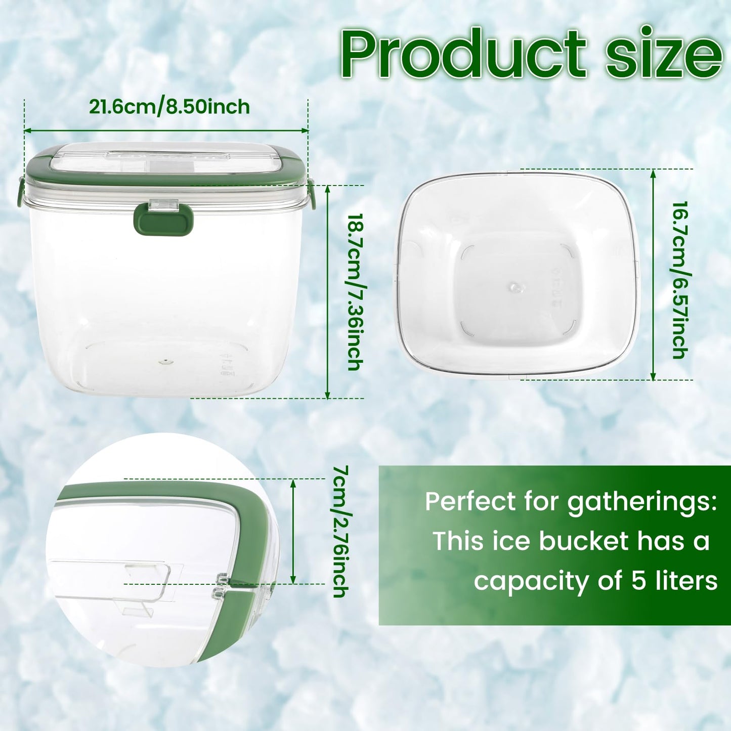 Ice Bucket with Lid and Tong Sealed,5L Ice Cube Bucket,Portable Ice Bucket Container Wine Bucket with Handle,Ice Storage Bin for Cocktail Freezer Bar Parties Barbeque Camping, Green