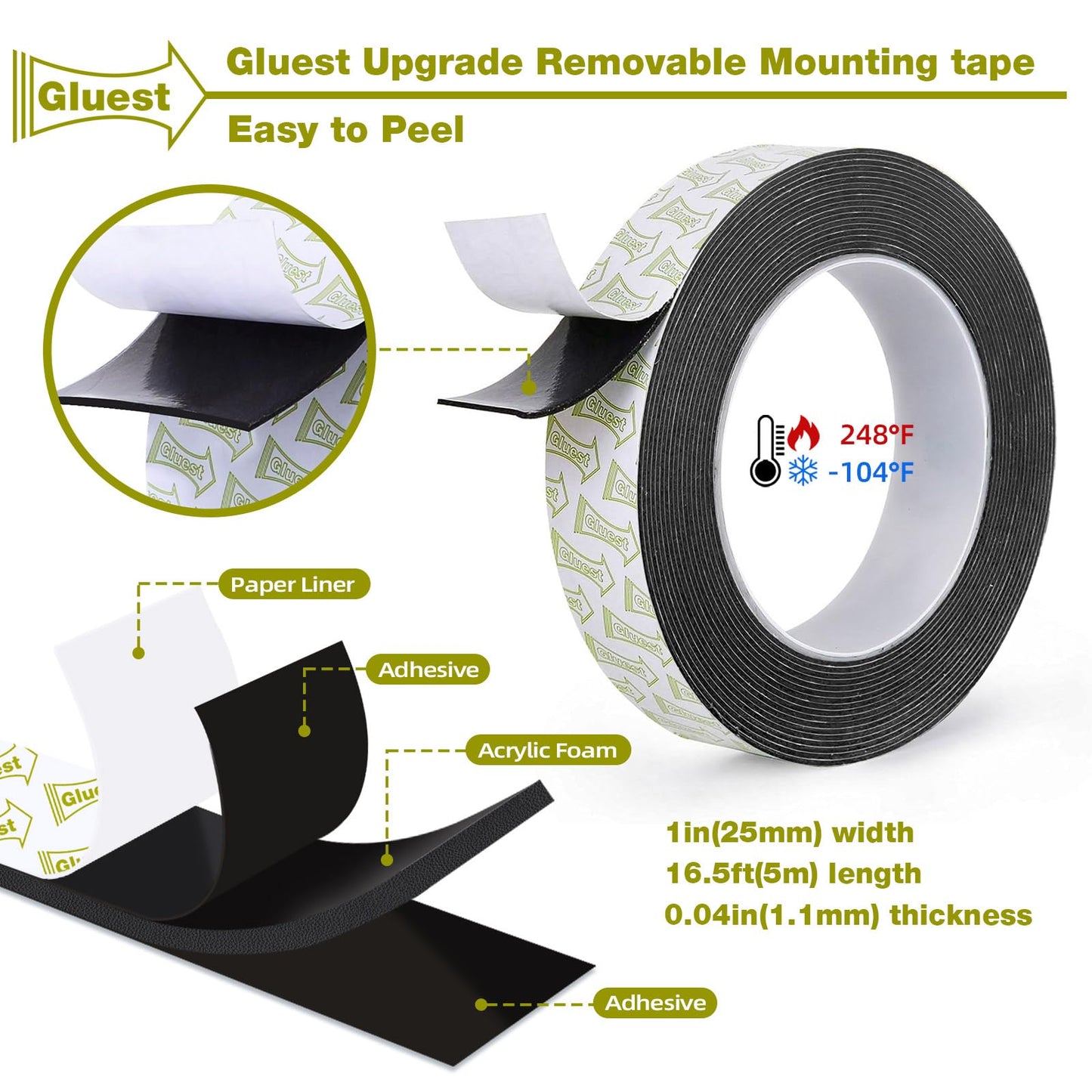 Double Sided Tape Heavy Duty, 1IN x 16.5FT Removable Mounting Tape, No Damage Wall Tape Damage Free Picture Hanging Strips, Strong Adhesive Strips Foam Tape for Poster Art Craft Home Office Decor