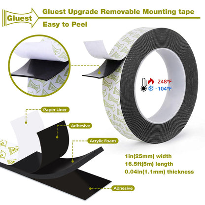 Double Sided Tape Heavy Duty, 1IN x 16.5FT Removable Mounting Tape, No Damage Wall Tape Damage Free Picture Hanging Strips, Strong Adhesive Strips Foam Tape for Poster Art Craft Home Office Decor