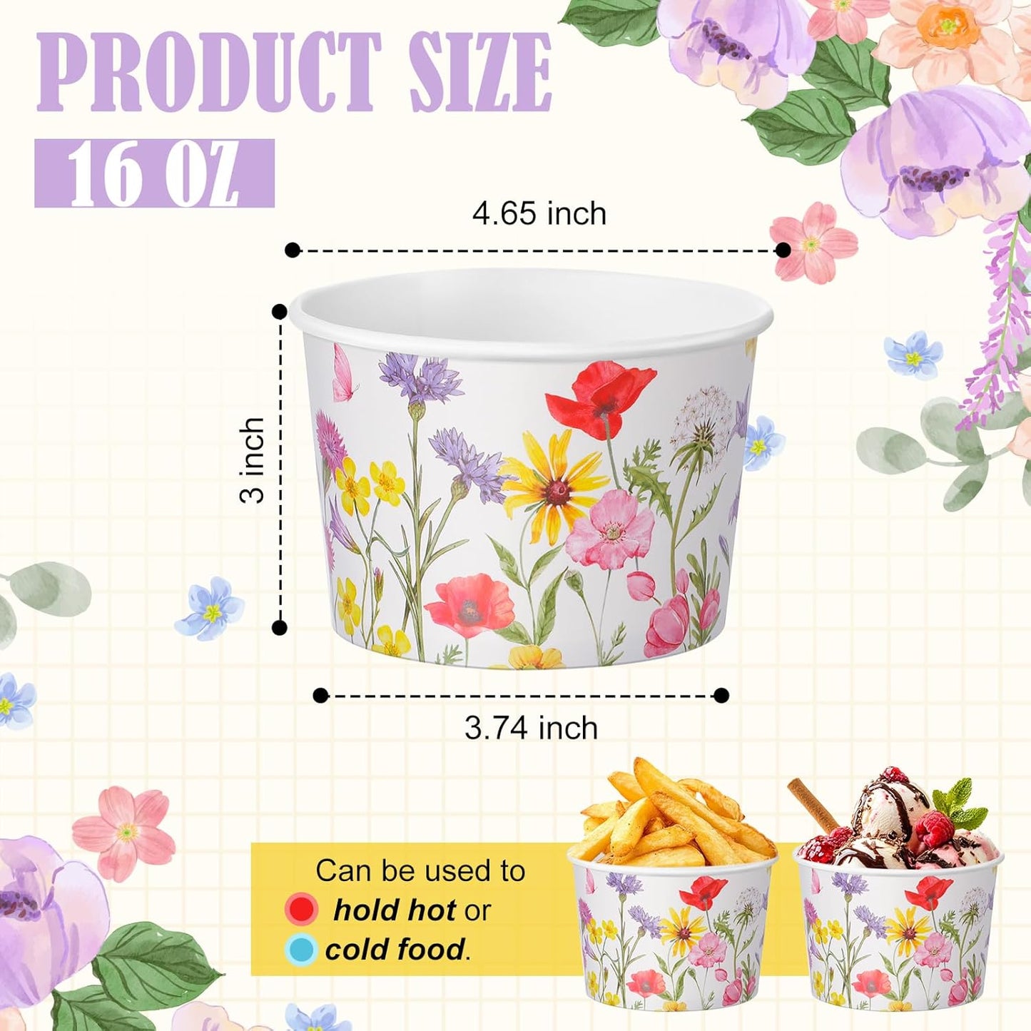 Hsei 60 16oz Pcs Floral Disposable Soup Bowls Ice Cream Cups Flowers Snack Paper Bowls Wildflower Dessert Sundae Yogurt