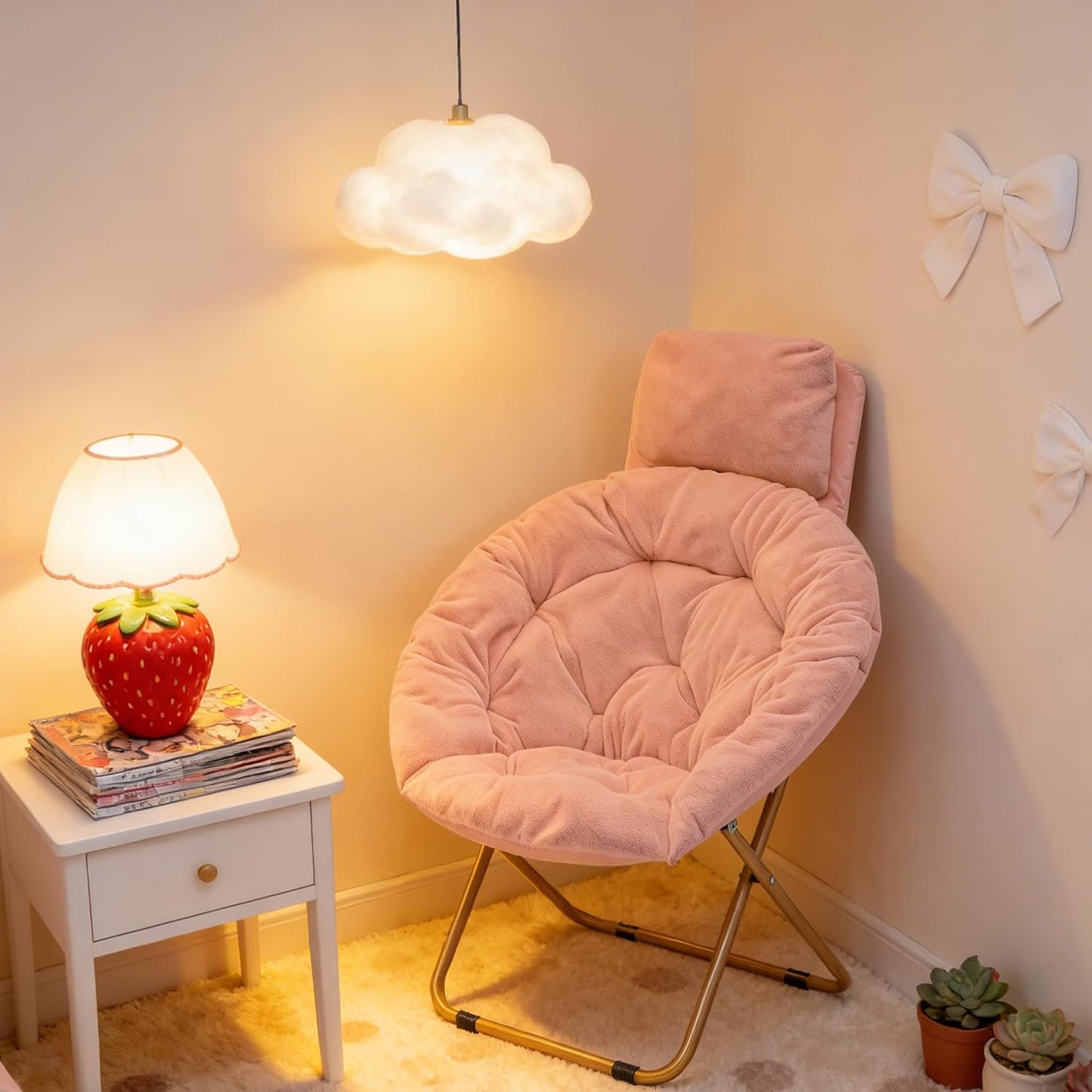 Magshion Saucer Chair with Removable Headrest, Folding Moon Chair for Adults, Oversized Comfy Reading Seat for Bedroom