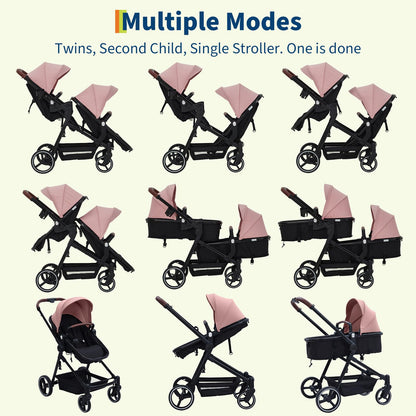 Double Tandem Stroller for Newborn & Toddler – Foldable Twin Pushchair with Reversible Seat, 5-Point Safety Harness, Adjustable Backrest & Canopy, Storage Basket