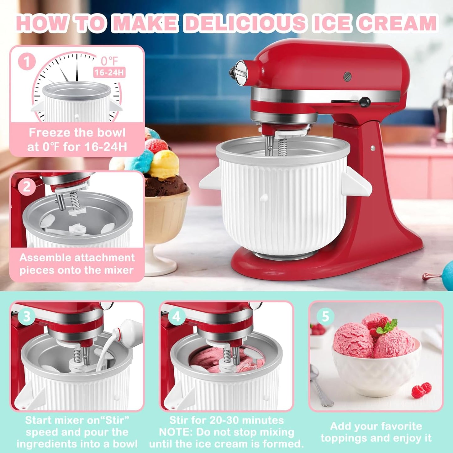 4.5-5Qt 5-6Qt 2-Quart Frozen GLINK Ice Cream Maker Attachment for KitchenAid Stand Mixer, Compatible with Kitchenaid