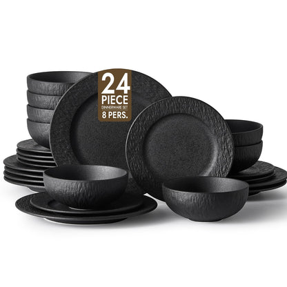 KINGSTONE Black Dinnerware Sets, 24-Piece Matte Marble Pattern Premium Porcelain, Place Setting with Dinner Plate, Salad Plate, Pasta Bowl, Microwave and Dishwasher Safe