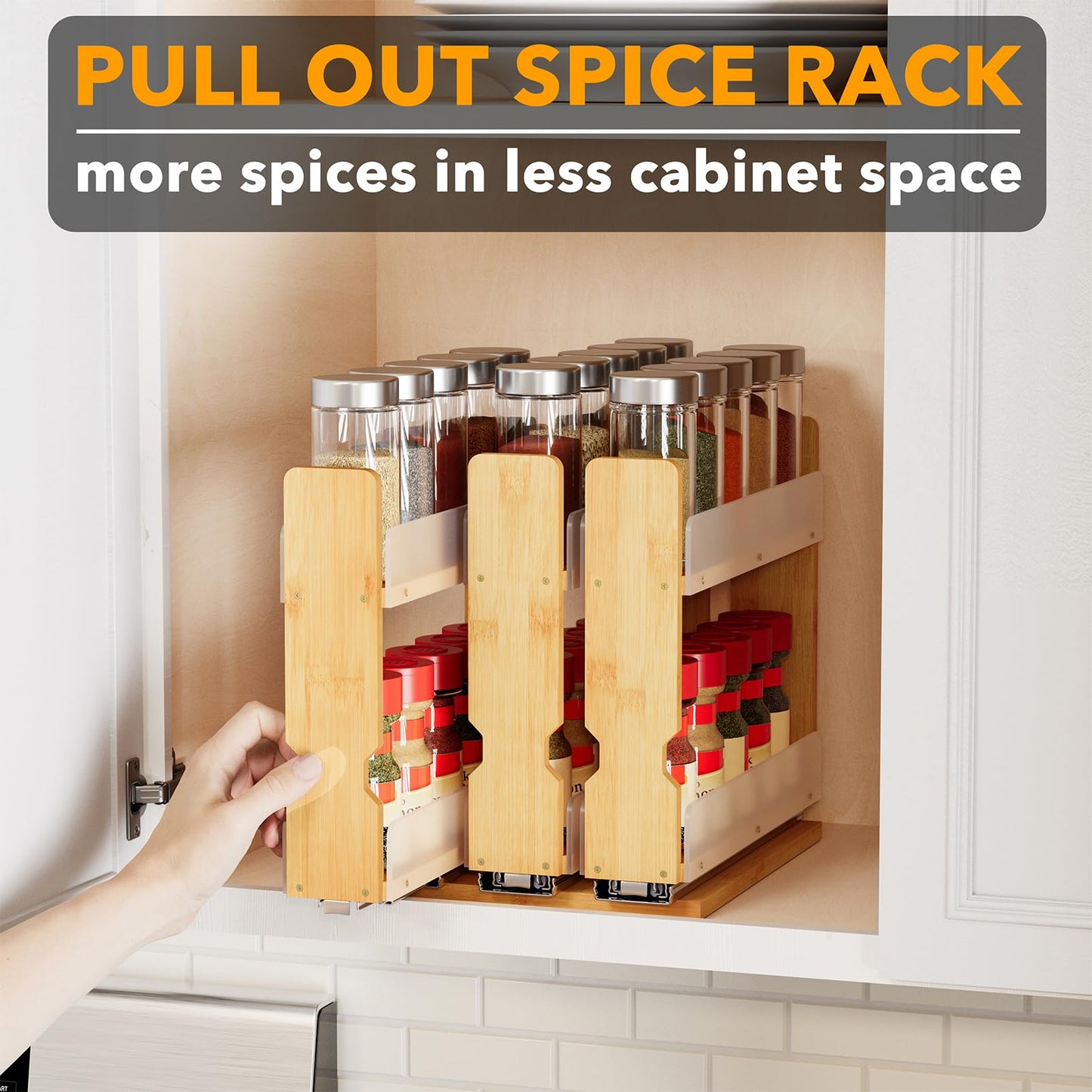 SpaceAid Bamboo Pull Out Spice Rack Organizer for Cabinet, Heavy Duty Slide Out Seasoning Kitchen Pantry Sliding Vertical Organization, 7.6" Wide, 3 Drawers(2" Wide), 2-Tier, Natural