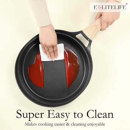 ESLITE LIFE Nonstick Deep Frying Pan Skillet with Lid, 9.5 Inch Healthy Granite Coating (Black)